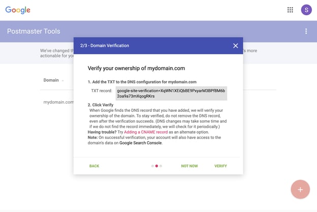 Google Postmaster Tools TXT record verification instructions