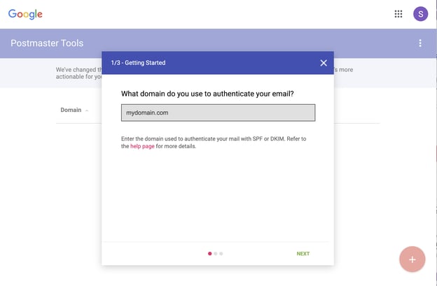 Google Postmaster Tools add domain screen